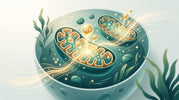 Illustration of cellular energy production showing mitochondria producing ATP inside a human cell, representing how spirulina supports cellular energy and mitochondrial health