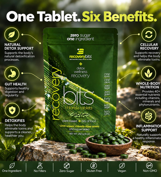 A promotional graphic for RecoveryBits chloroform tablets, showing a green product pouch centered on a forest log background with a small bowl of green tablets. The image includes large headline text reading 'One Tablet.