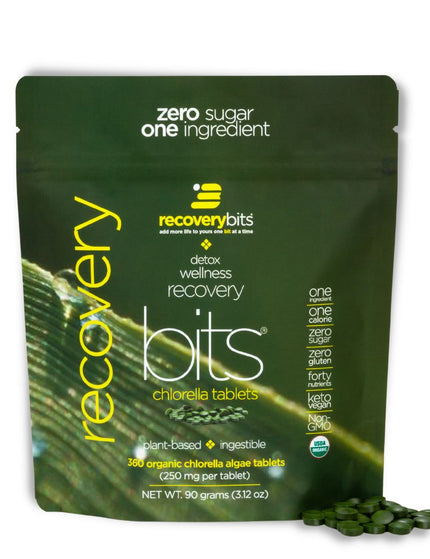 A front view of a bag of RECOVERYbits® chlorella algae tablets for wellness and recovery