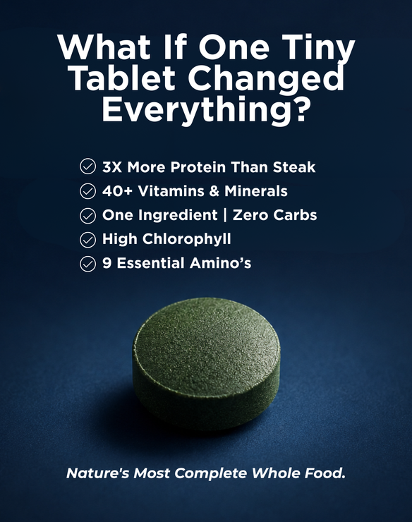 A dark blue promotional graphic featuring a single round green supplement tablet centered near the bottom. Large white headline text at the top reads, 'What If One Tiny Tablet Changed Everything?' with bullet points listing benefits such as more protein than steak, 40+ vitamins and minerals, one ingredient with zero carbs, high chlorophyll, and 9 essential amino acids.