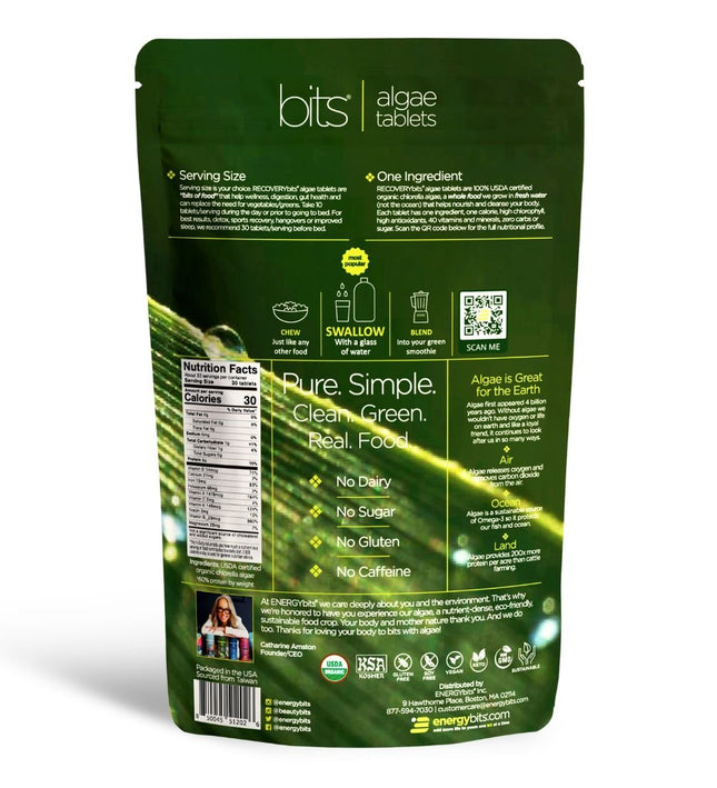 Back of the RecoveryBits chlorella tablets bag, showcasing product details, nutritional information, and benefits of 100% organic chlorella tablets for detox and wellness.