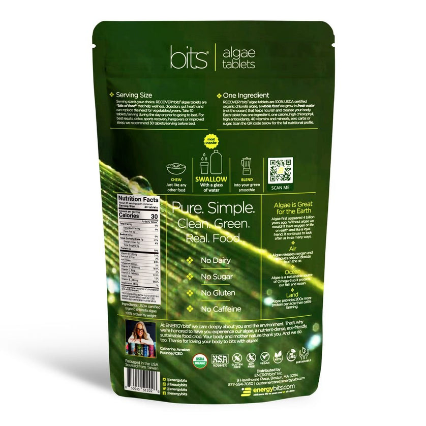 Back of the RecoveryBits chlorella tablets bag, showcasing product details, nutritional information, and benefits of 100% organic chlorella tablets for detox and wellness.