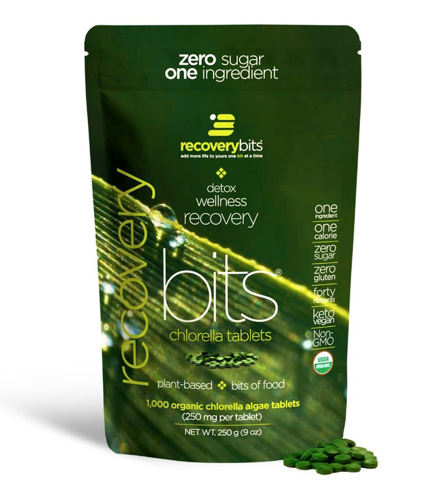 RecoveryBits chlorella tablets, a plant-based supplement with 1,000 organic chlorella algae tablets per bag, promoting detox, wellness, and recovery.