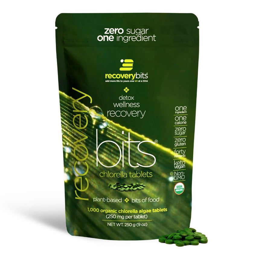 RecoveryBits chlorella tablets, a plant-based supplement with 1,000 organic chlorella algae tablets per bag, promoting detox, wellness, and recovery.