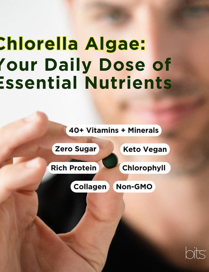 Person holding a chlorella algae tablet with text highlighting its benefits, including 40+ vitamins and minerals, zero sugar, rich protein, collagen, keto vegan, chlorophyll, and non-GMO.