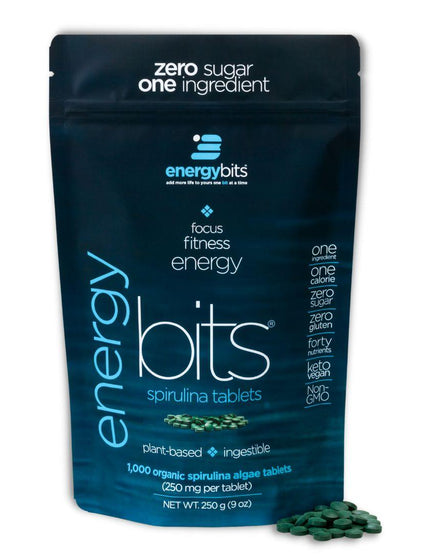 A front view of a bag of ENERGYbits® Spirulina Algae tablets for energy and protein