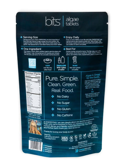 Rear view of a bag of ENERGYbits® Spirulina Algae tablets including product features and nutritional information
