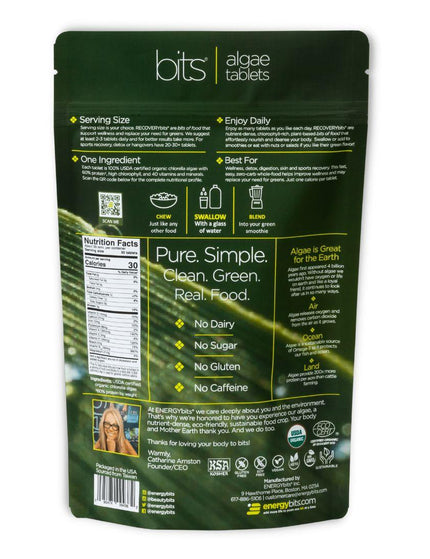 Rear view of a bag of RECOVERYbits® chlorella algae tablets including product features and nutritional information