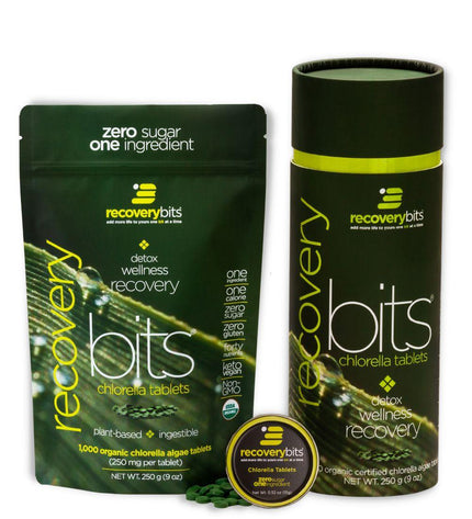 A front view of a canister of RECOVERYbits® chlorella algae tablets for wellness and recovery