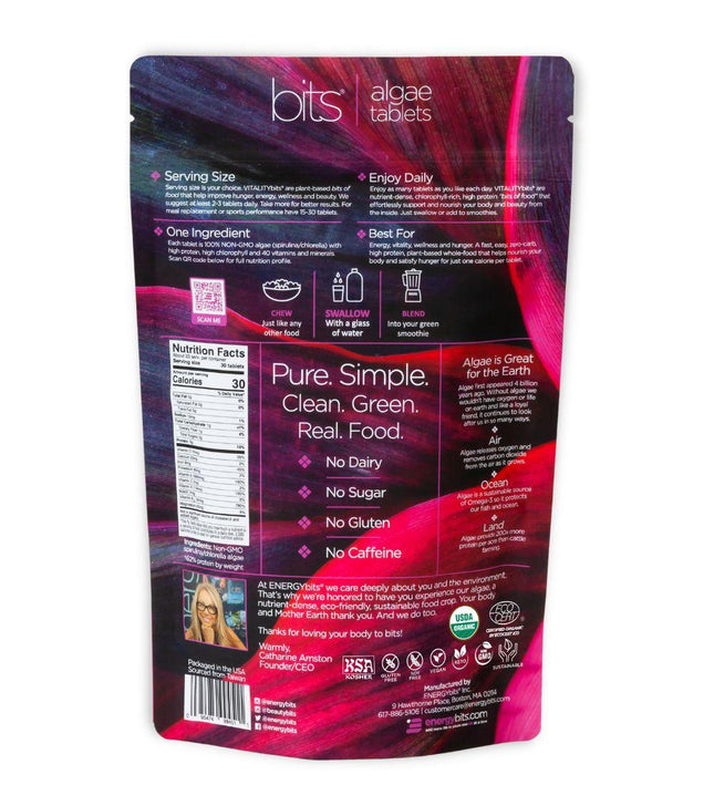 Rear view of a bag of VITALITYbits® spirulina and chlorella algae tablets including product features and nutritional information