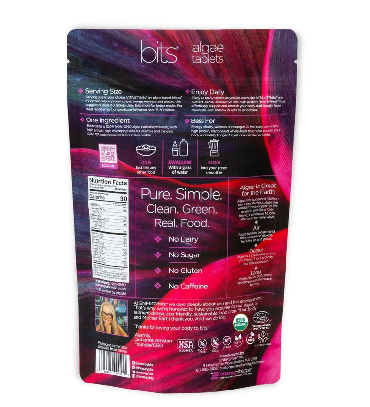 Rear view of a bag of VITALITYbits® spirulina and chlorella algae tablets including product features and nutritional information