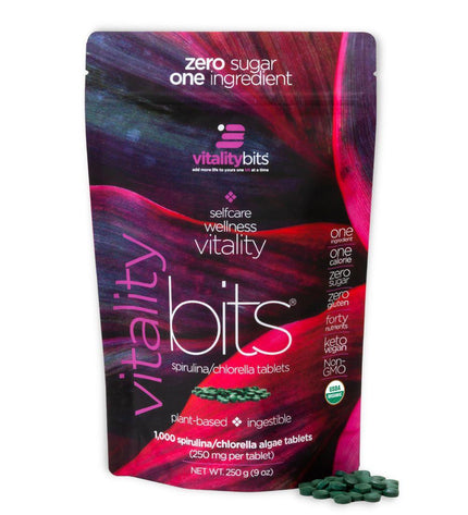 A front view of a bag of VITALITYbits® spirulina and chlorella algae tablets for wellness and recovery